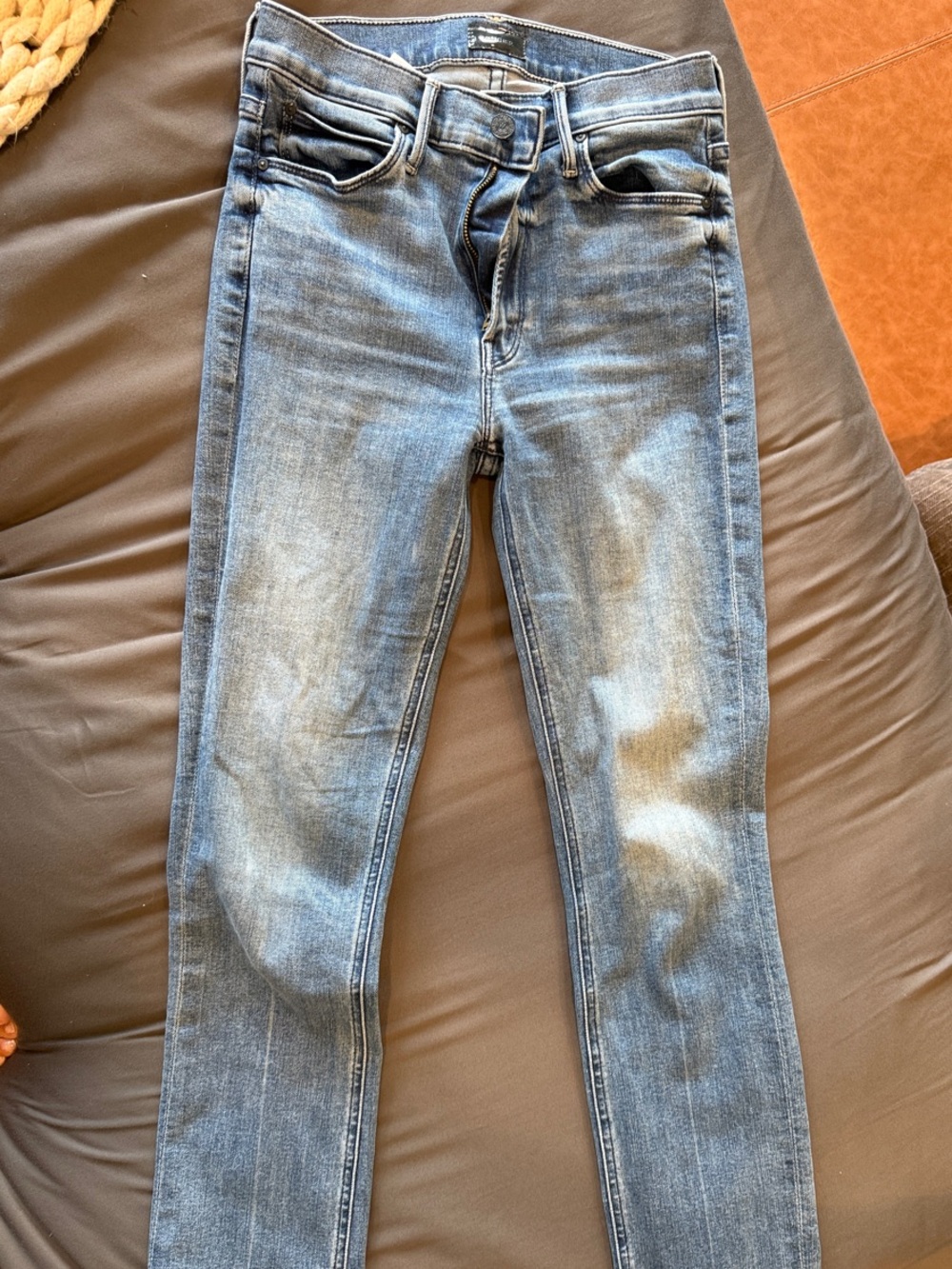 MOTHER Straight Leg Jeans in Light Blue Faded Wash